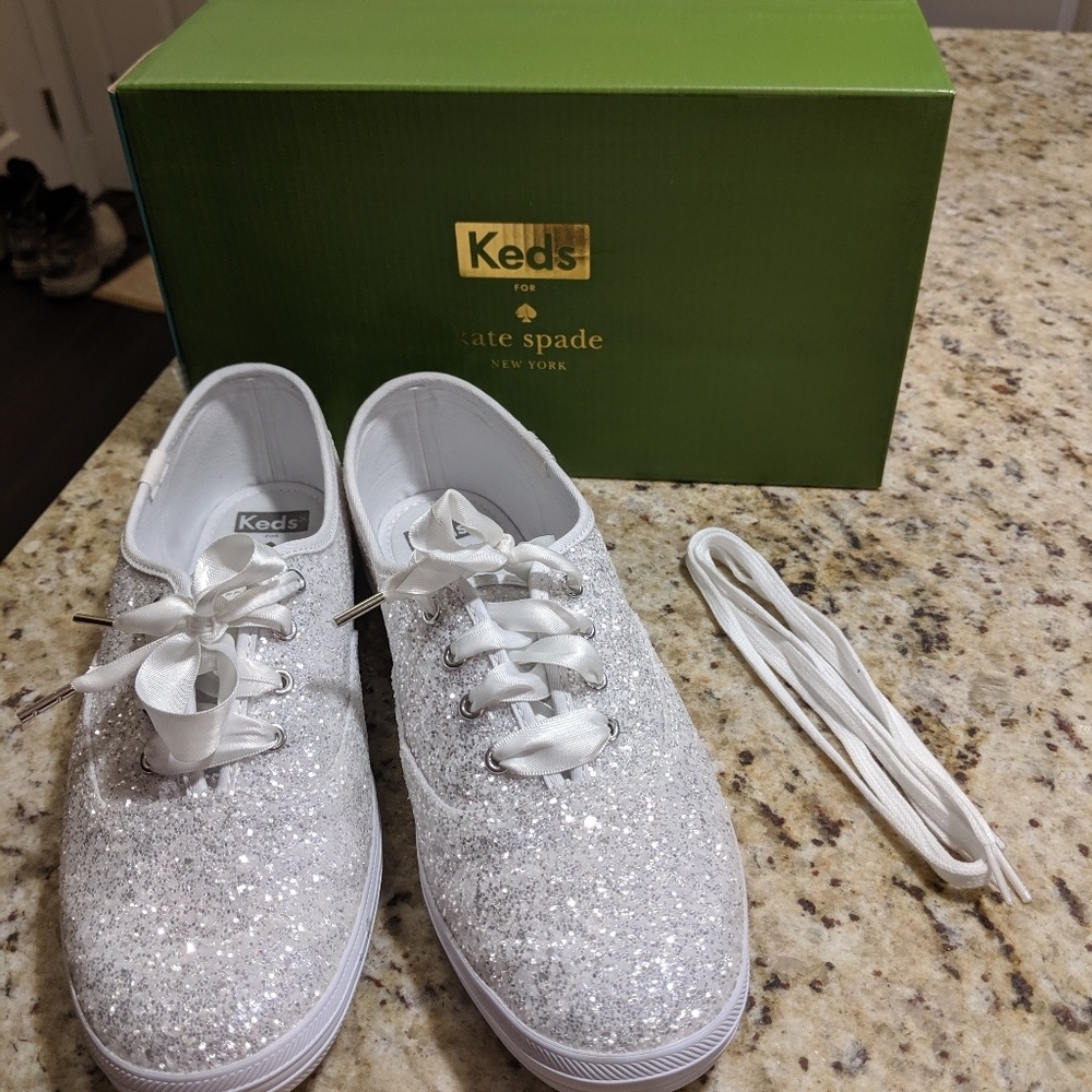 Kate Spade Keds wedding white glitter sneakers